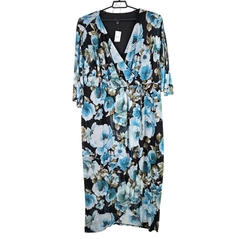 Womens Connected Apparel Black Blue Floral Maxi Faux Wrap Dress 3/4 Sleeves 24W